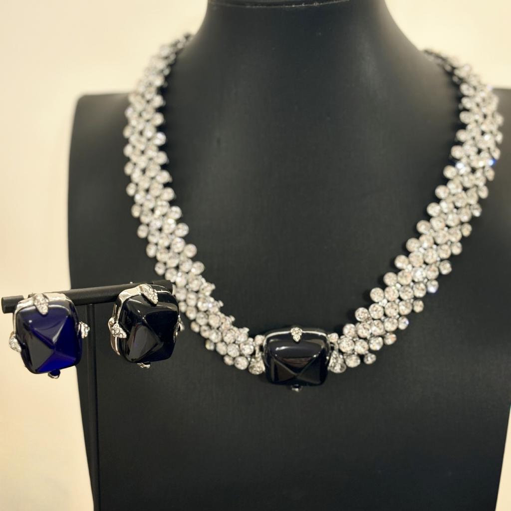 French Vintage Necklace Stud Earrings Set With Diamonds Elegant Clavicle Chain Handwoven Jewelry Women