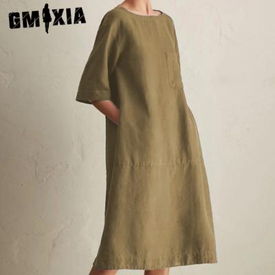 Vestidos casuales de verano y primavera para mujer, con estampado de colores sólidos, mangas 2/1 y cuello redondo
