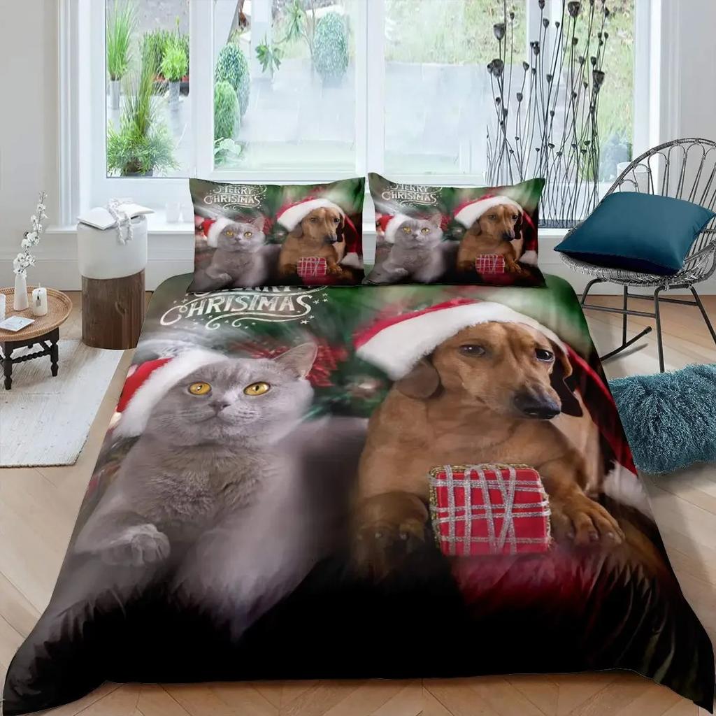 Cute Cat Dog Duvet Cover Set Pug Bedding Set Kawaii Puppy Animal Comforter Cover Valentine's Day Love Heart Wedding Quilt Covers