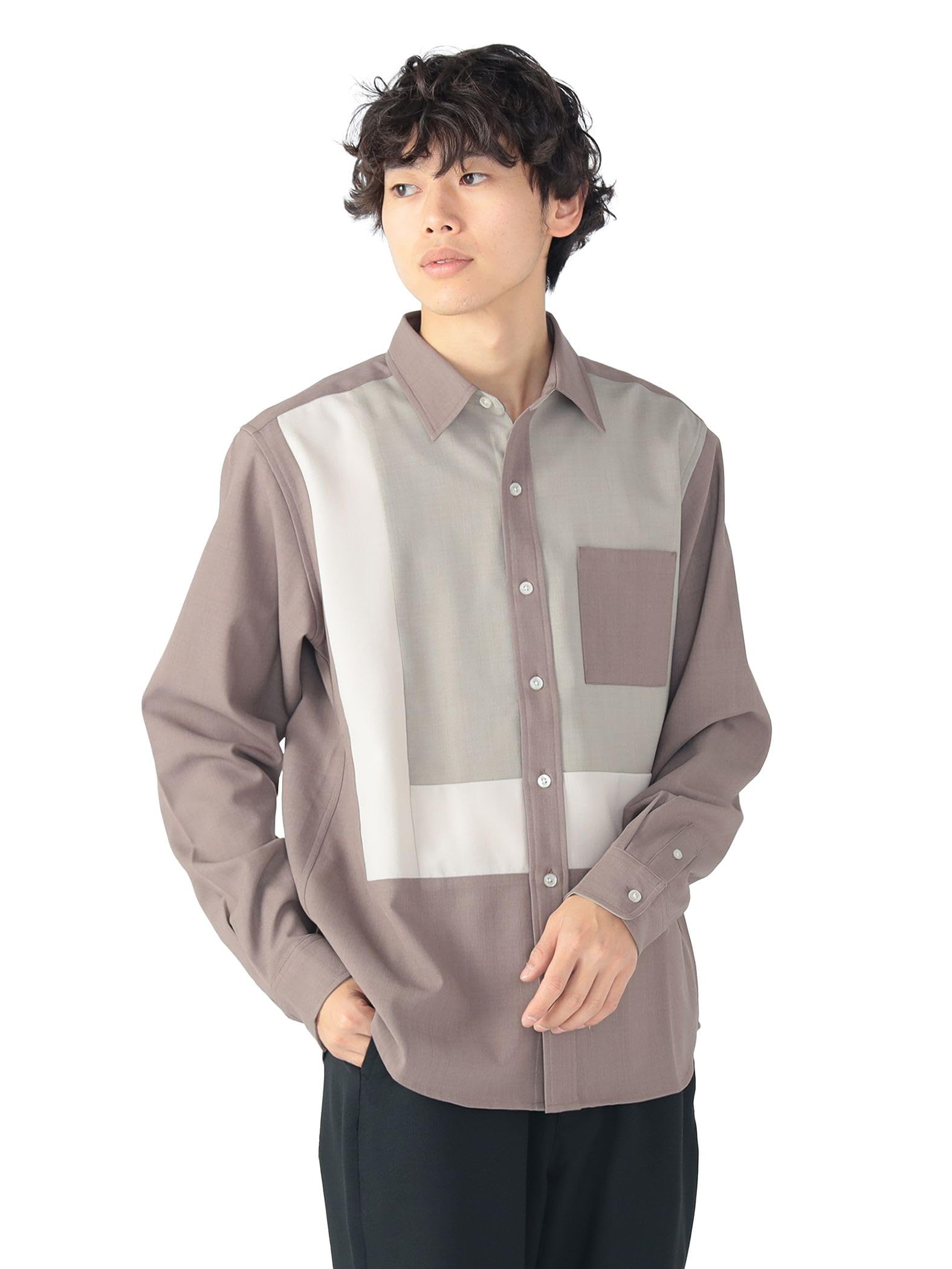 

Shirt Polyester Patch Switching Long Sleeve Shirt BROWN S [Beams Heart] L/S Men s