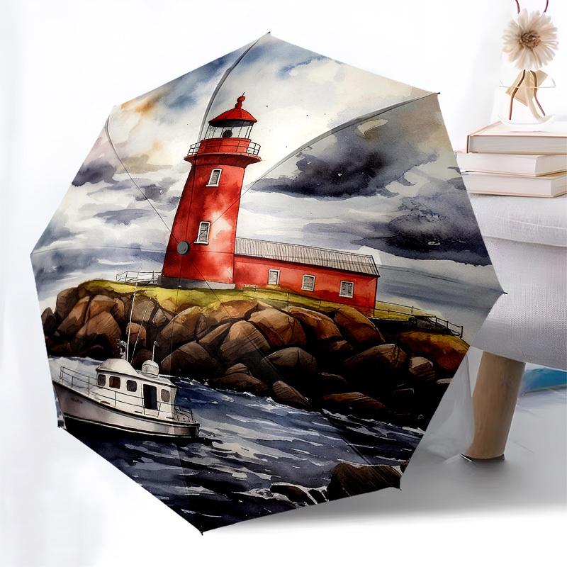1pc Lighthouse Boat Automatic Folding Umbrella, Heavy Duty 8 Rib Iron Frame,  Suitable for Travel, Daily Use, Birthday, Decor Gift M0105111