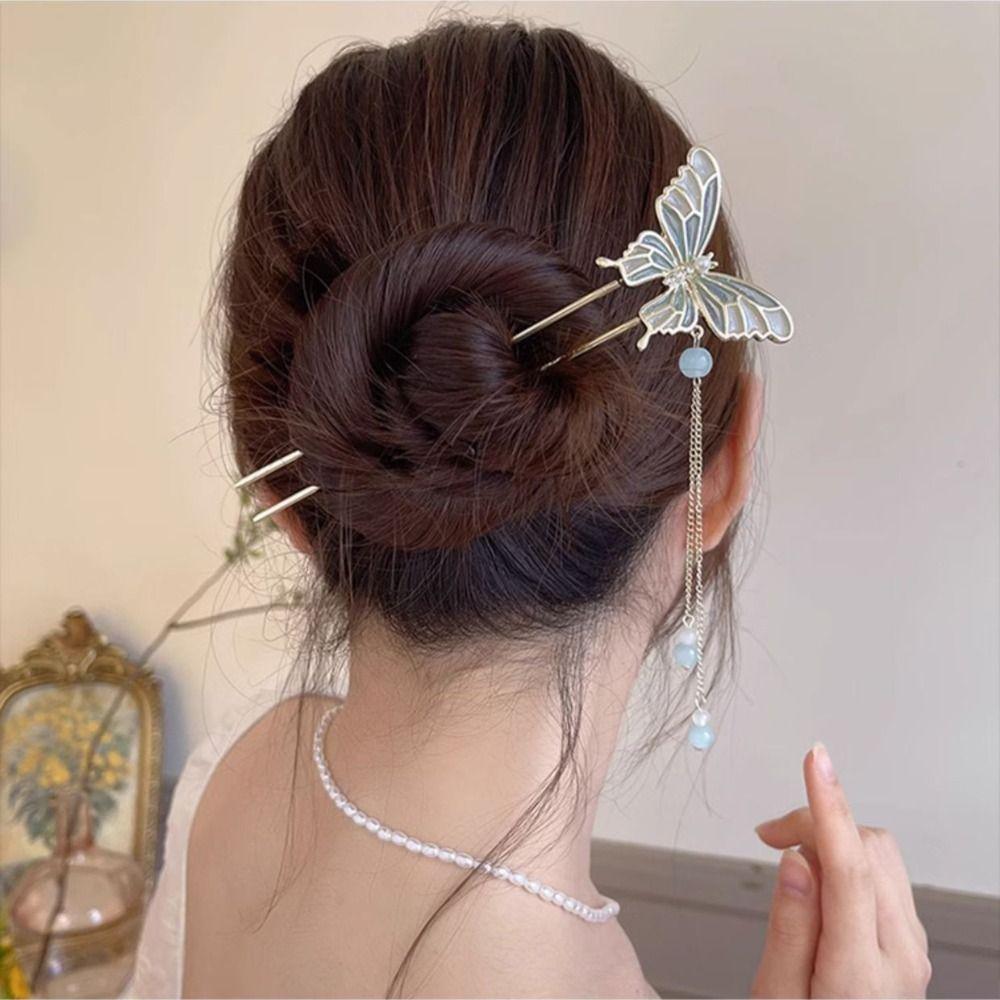 

Beaded Butterfly Metal Hair Forks Chinese Style Butterfly Tassel Hair Stick Headwear Women