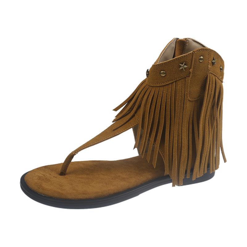

Vintage tassel rivet toe herringbone sandals women s 2025 new bohemian western denim sandals 35 коричневый