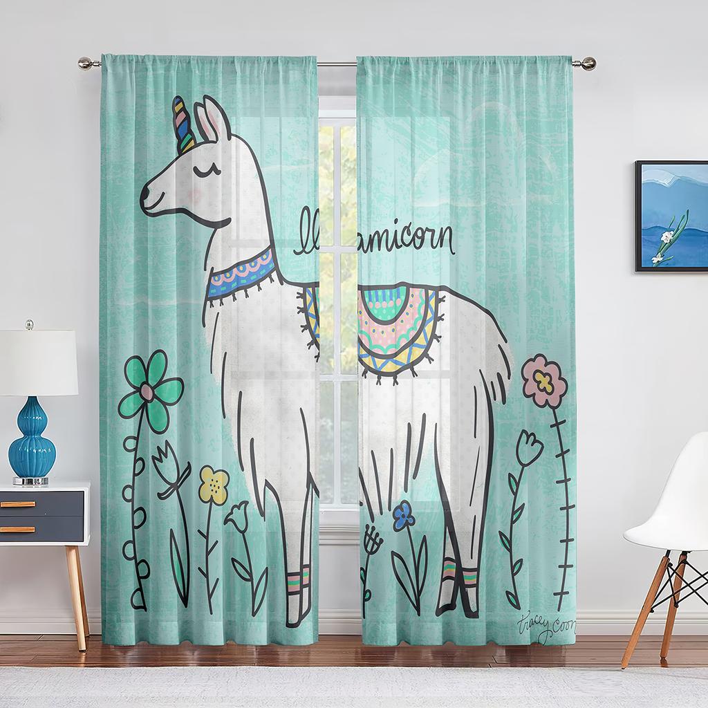 Drăguț din desene animate Lama Alpaca Animale Perdele din voal transparent pentru fete dormitor living bucătărie fereastră șifon tul perdele