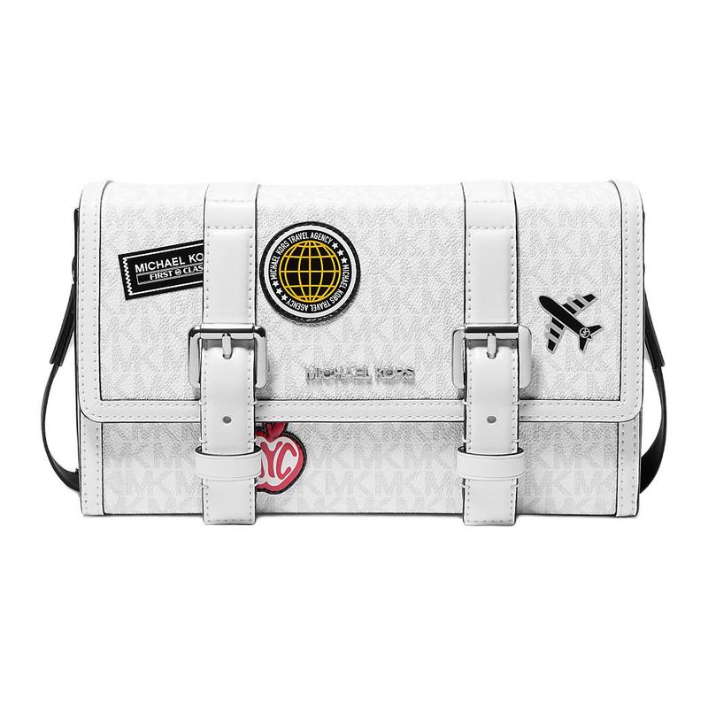 MICHAEL KORS Cooper Logo Printed Bronze Hardware Coated Canvas Shoulder Crossbody Bag Unisex Couple Style Bright White белый