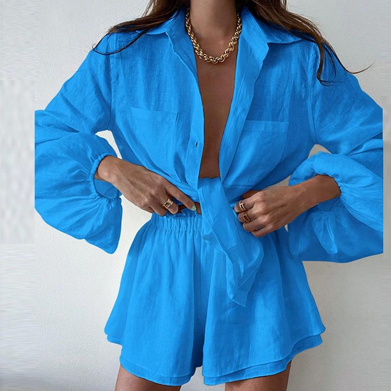 Women's Summer 2-Piece Outfit Long Sleeve Button-Down Loose Blouse And Shorts Sweatsuit Set Casual Comfortable Style