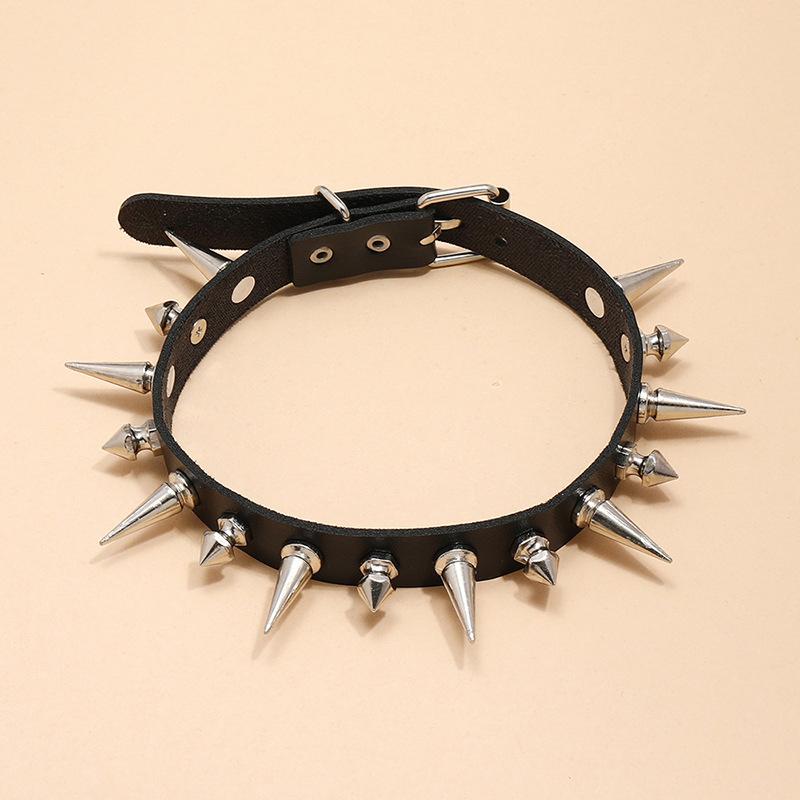 Long Spike Choker Punk Faux Leather Collar  Goth Style Necklace Accessories