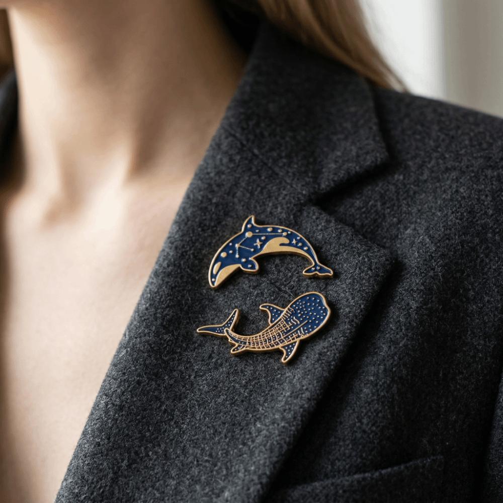 2 pcs Light Luxury Whale Dolphin Brooch Animal Fish Shaped Metal Badge Whale Dolphin Badge  Female