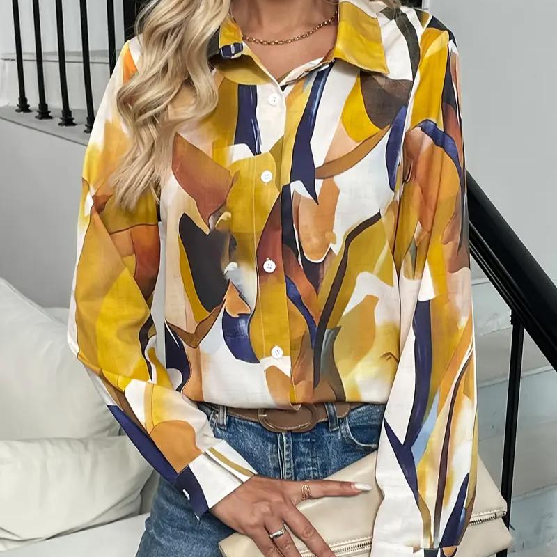 Elegante Damenbluse mit geometrischem Muster und Reverskragen zum Knöpfen – Langarmhemd aus 100 % Polyester – für alle Jahreszeiten
