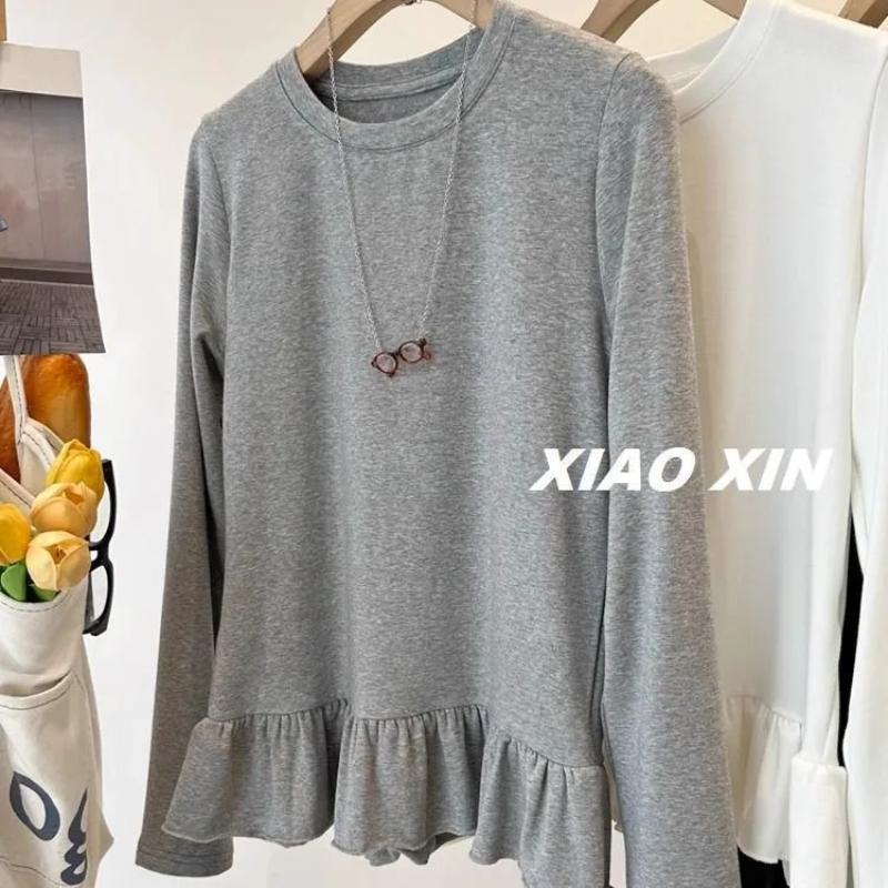 

Korean Ruffled Solid Color Long-sleeved T-shirt for Women Spring and Autumn New Ins Design Versatile Top L сірий колір