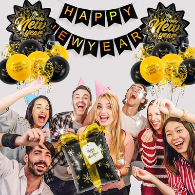42pcs2025 New Year's Eve Party Balloon Decorations, Black and Gold Latex Balloons, New Year Party