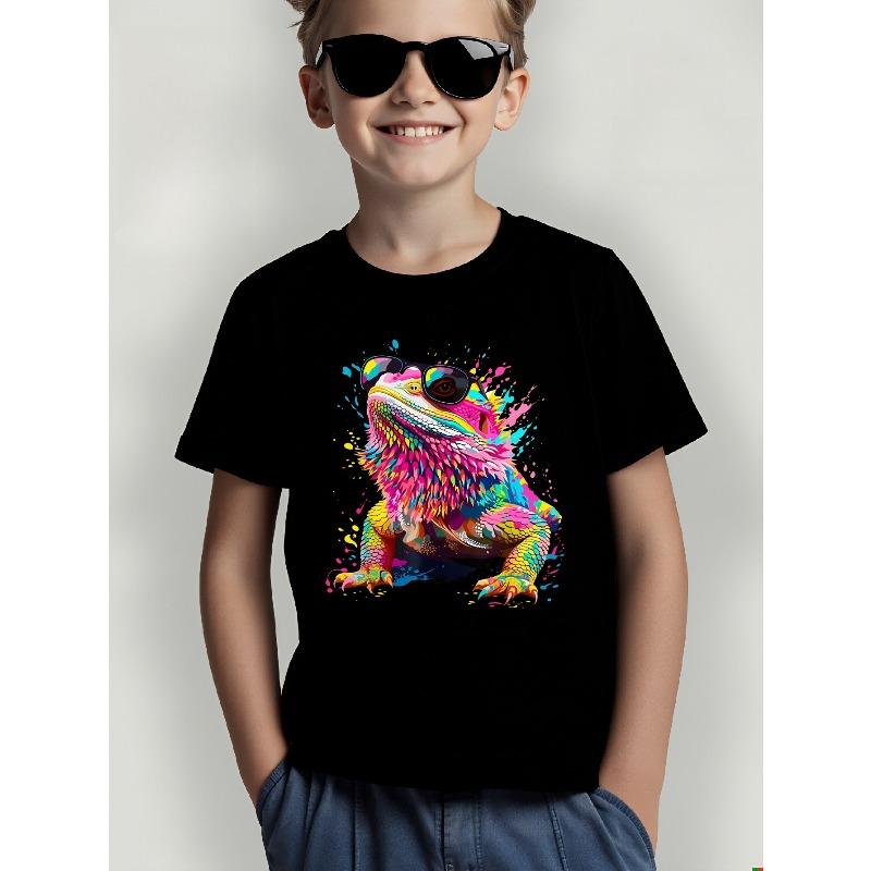 Boys Cool Lizard With Sunglasses Print Crewneck Short Sleeve Tee