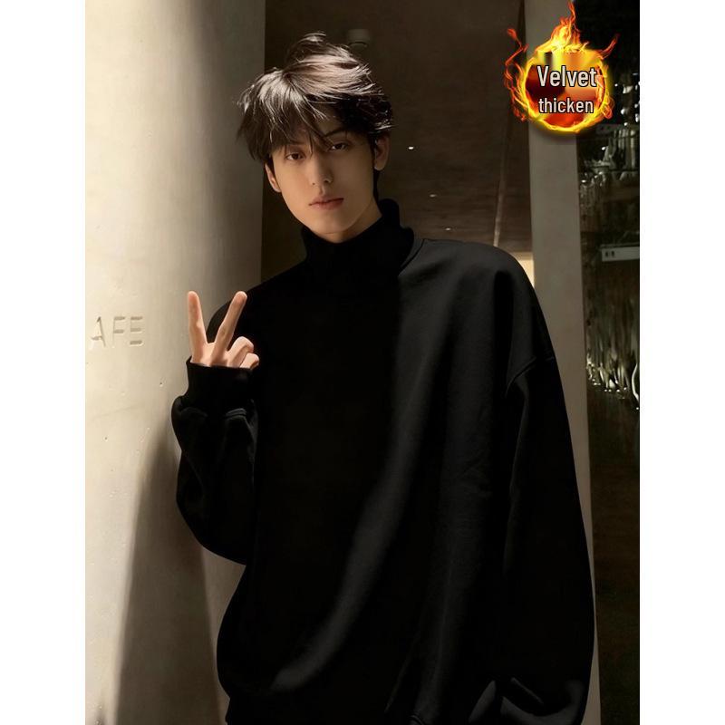 Men s Korean Style Heavyweight Hoodie - Autumn/Winter Versatile Half-High Collar Long Sleeve T-Shirt XL чёрный