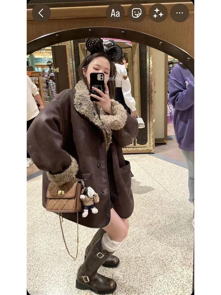 HEYGIR Black Double-Sided Leather Fur Motorcycle Jacket: Women's Winter Warm Loose Fit.