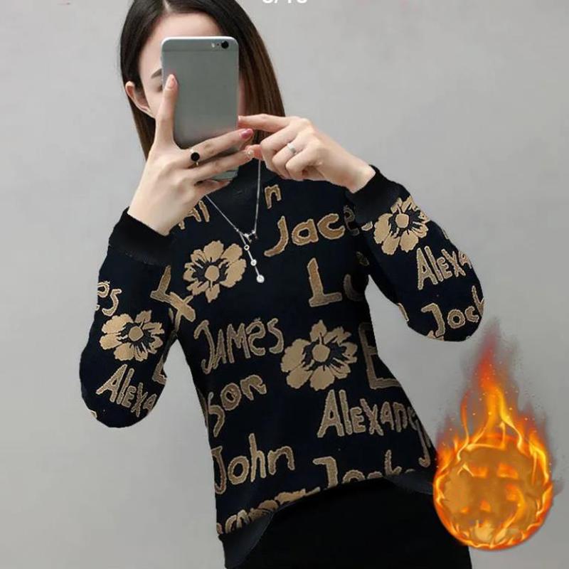 Plus Velvet Pullover Warm Gold Velvet Female Letters Thickened Autumn and Winter Large Size Long-sleeved Half-high Collar Bottoming Shirt