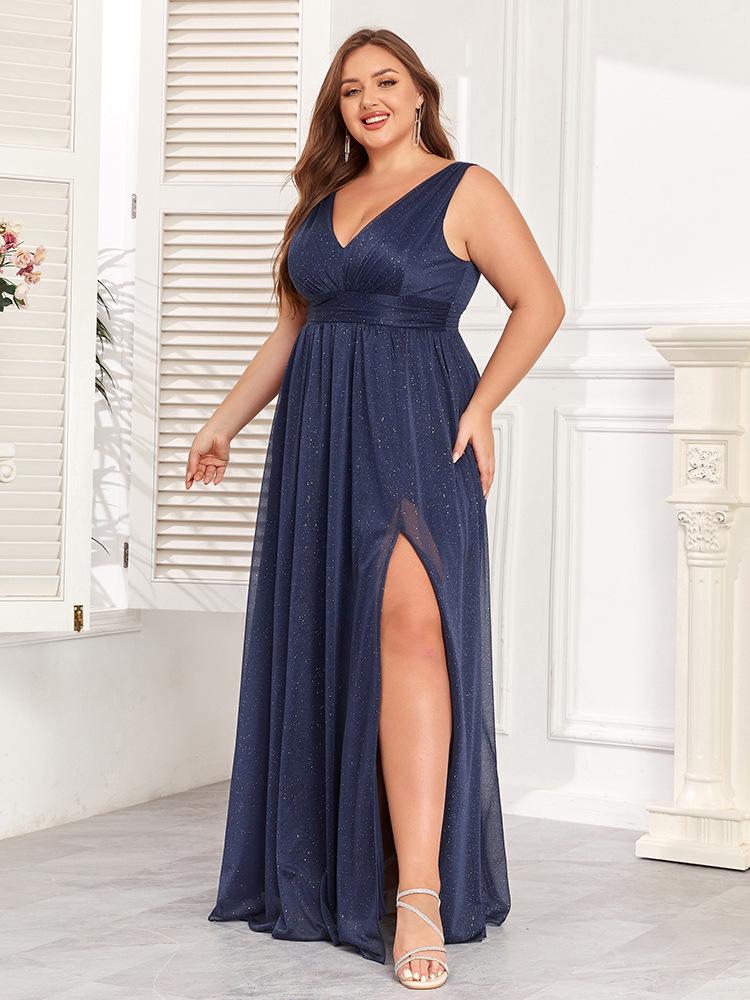 2024 Sparkling Chiffon Sleeve Double V-Neck A-Line Bridesmaid Dress with Side Slit