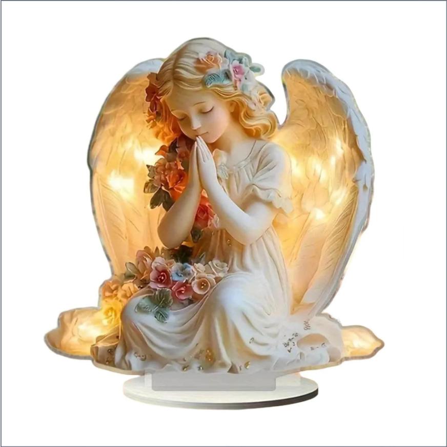 Decorative 2D Acrylic Angel Figurine Home Ornament with Floral Details and Integrated Lighting for Indoor Display and Gift Use