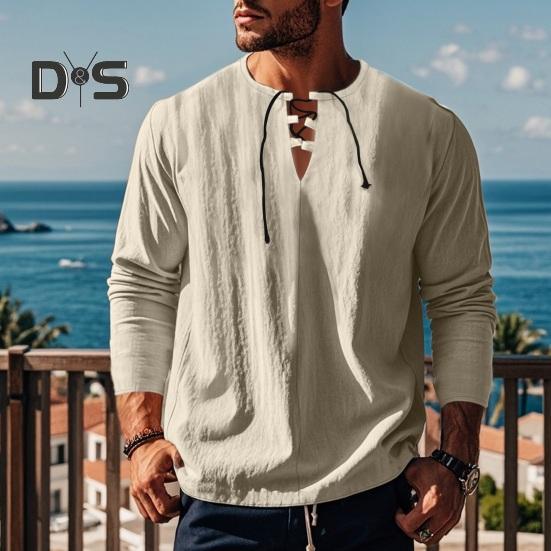 Pánské bavlněné tričko s dlouhým rukávem a výstřihem do V, volné tričko, jednobarevné, letní, ležérní, pro denní nošení, pouliční, párty, plážové