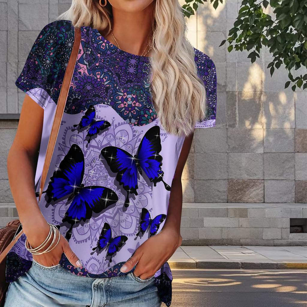 Damen Sommer T-Shirt Schmetterlingsdruck Retro Mode Kurzarm Tees Lässig Bedruckte Oberteile