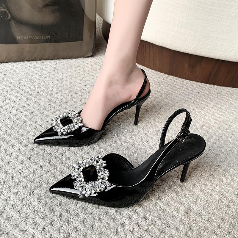 Women's Sandals 2025 Summer New Luxury Shiny Rhinrhinese Embellished Pointy Comfortable Non-slip Stiletto Heels for Women