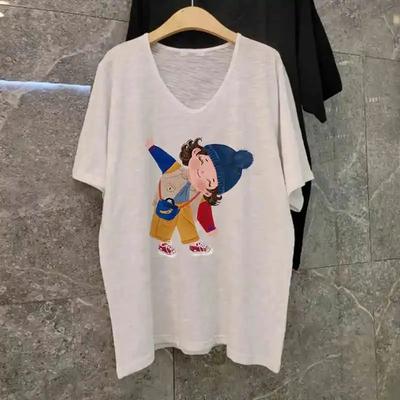 Bamboo Cotton V-neck Short-sleeved T-shirt Women Summer Wide Slightly See-through Versatile Casual Bottoming Printed Tops