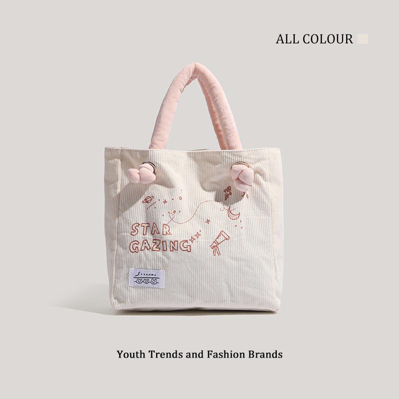 

New Corduroy Women s Embroidery Versatile Cute Student Class Large Capacity Shoulder Bag Handbag