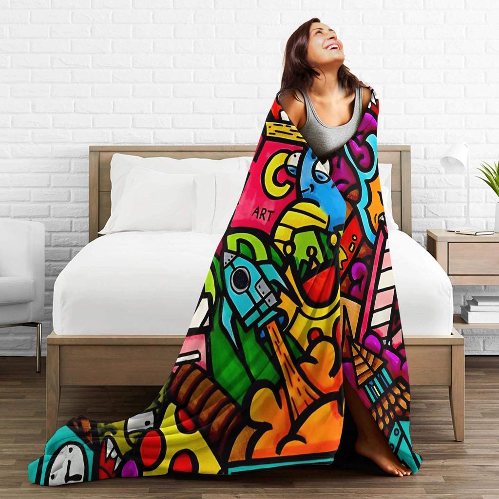 Cartoon Cute Doodle Plush Blanket Girls Boys Flannel Throw Blanket For Couch ChairBed Warm Custom DIY Quality Bedspread Gift