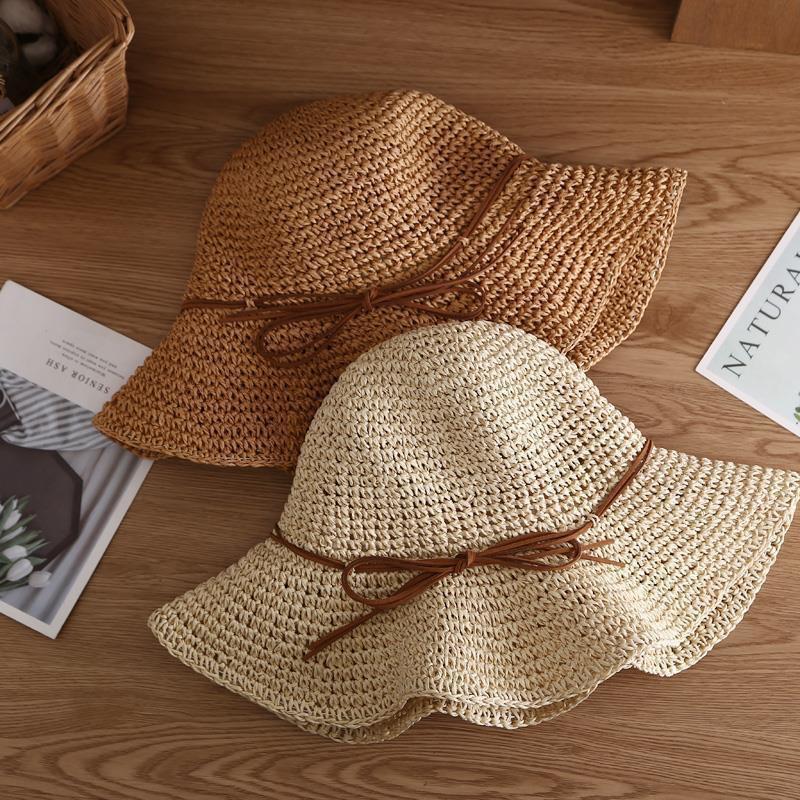 Damen-Strohhut mit breiter Krempe Koreanischer Stil Faltbar Schleife Kreuzgrenze Frisch Strandurlaub Sonnenhut Ausgeschnitten Atmungsaktiv Gewebter Hut