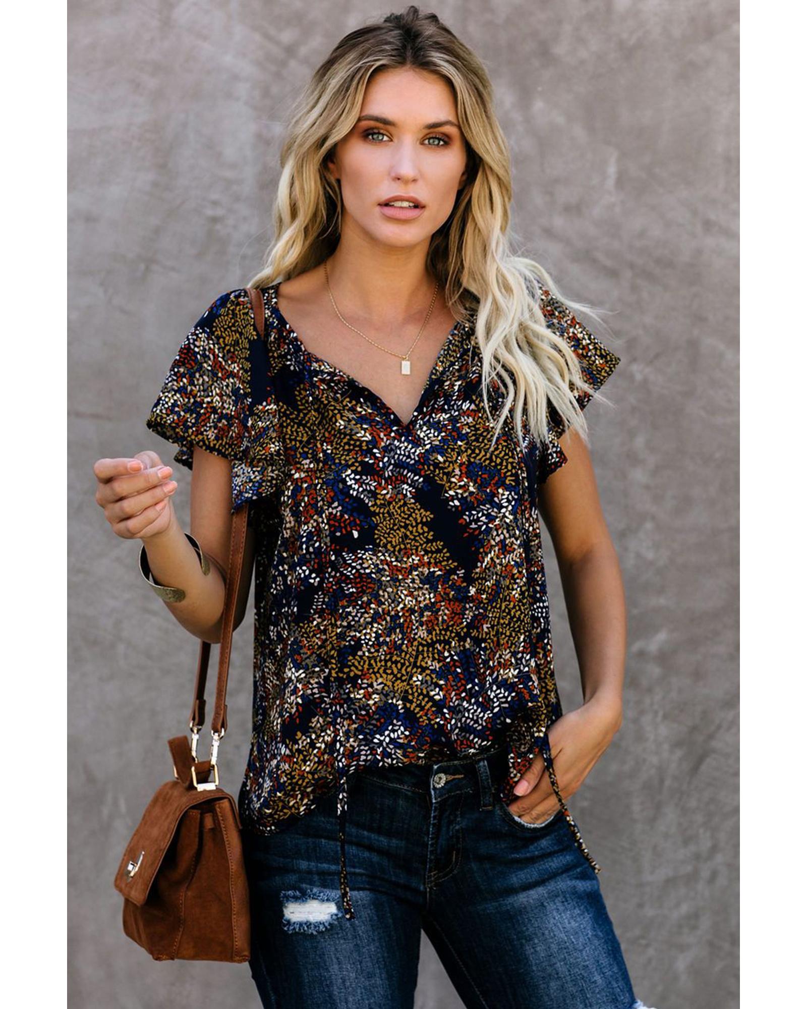 

Azura Exchange Printed V-neck Flutter Sleeve Blouse M різнокольоровий
