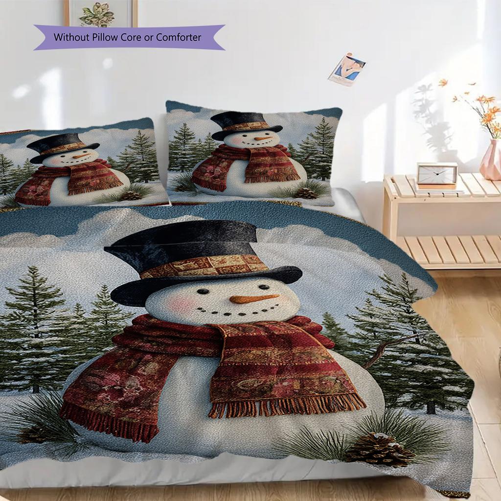Snowman Pattern Bedding Quilt Set Quilt Cover Pillowcase Home Decoration Birthday Gift (1 * Duvet Cover + 2 * Pillowcase, Without Core)