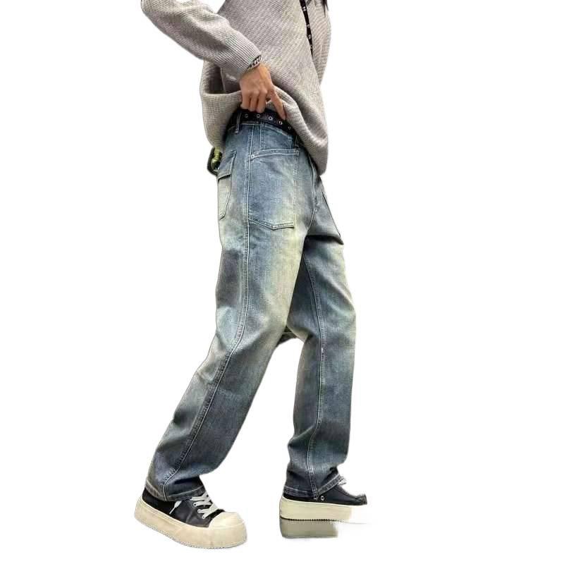 Loose washed blue jeans overalls American comfortable niche casual pants versatile straight men's long pants