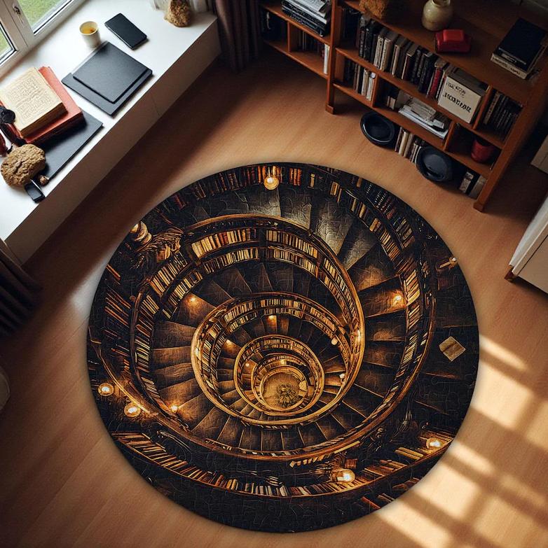 Vintage Fantasy Round Carpet Spiral Staircase Bookshelf Black Cat Design Rug Anti-slip Water-absorbing for Living Room Bedroom