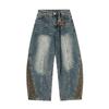 Jeans de Perna Larga Patchwork com Patch de Estrela Leopardo Outono 2025