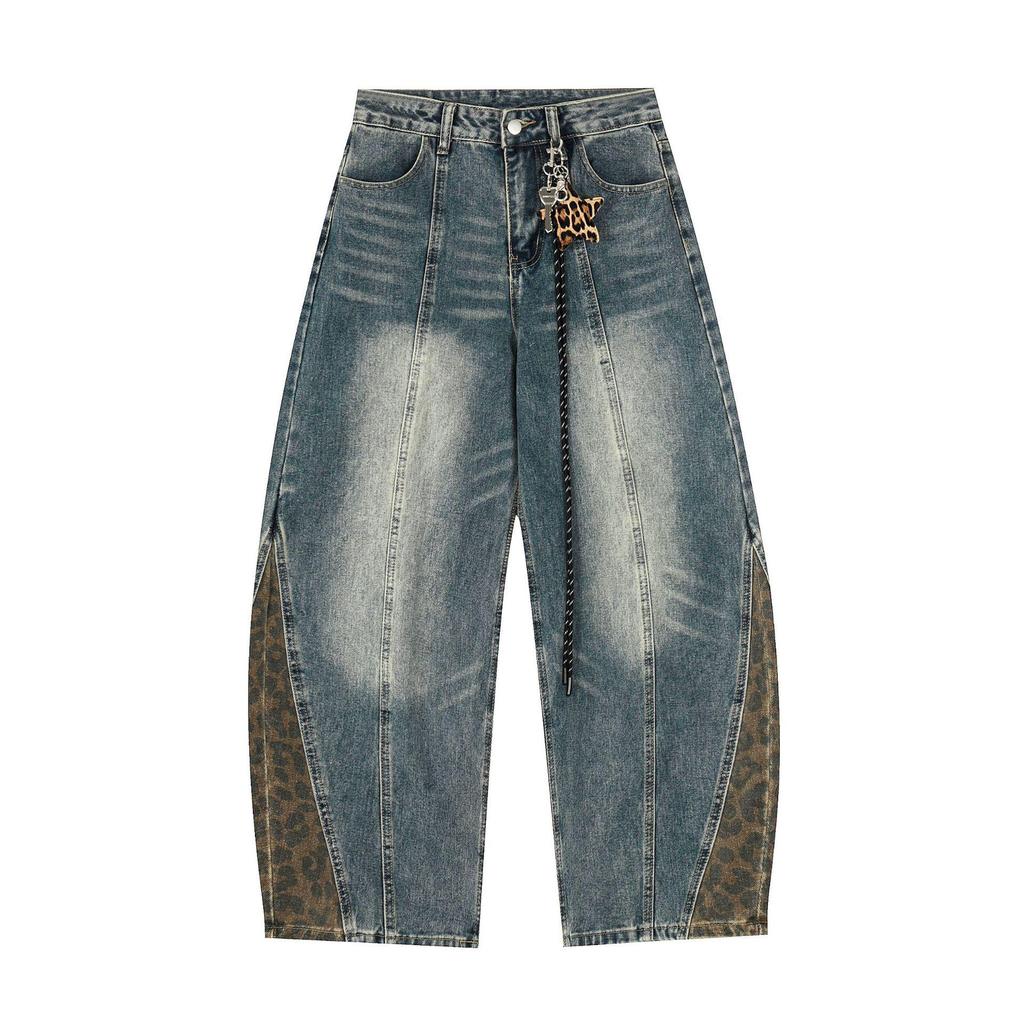 Jeans de Perna Larga Patchwork com Patch de Estrela Leopardo Outono 2025