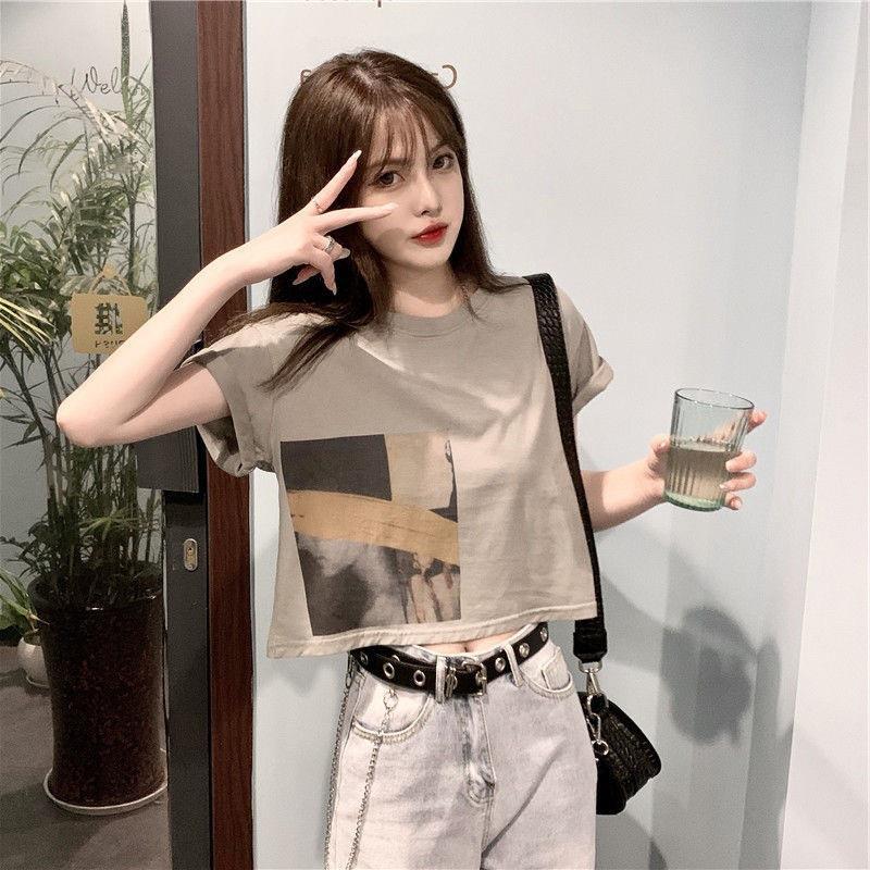 Summer short personalized Internet celebrity bottoming shirt female Han Fan navel thin short-sleeved t-shirt female student top ins women s clothing M серый