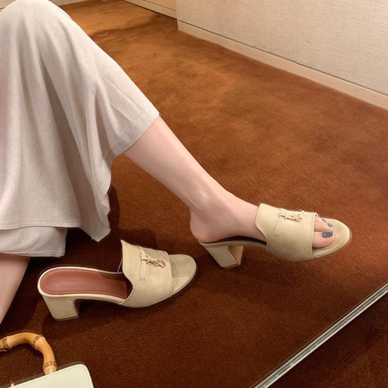 Sheepskin~ Height Increase 6.5cm High-heeled Slippers Women's Summer Wear Old Money Romantic Su Lock Thick-heeled Sandals