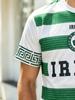 Men's T-shirt, White and Green Wide Horizontal Stripes with a Clover Badge and "IRELAND" Text Print, Crew Neck Top, Suitable for Football and Street