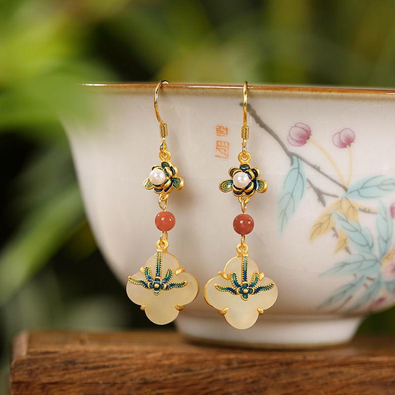 Original Natural Chalcedony Flower Enamel Drop Earrings For Women Exquisite Ancient Rhyme Ethnic Style Banquet Jewelry Gift