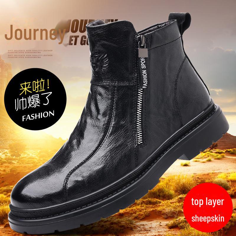 Men's Genuine Leather High-Top Martin Boots with Velvet Lining - Stylish and Warm Motorcycle Work Boots