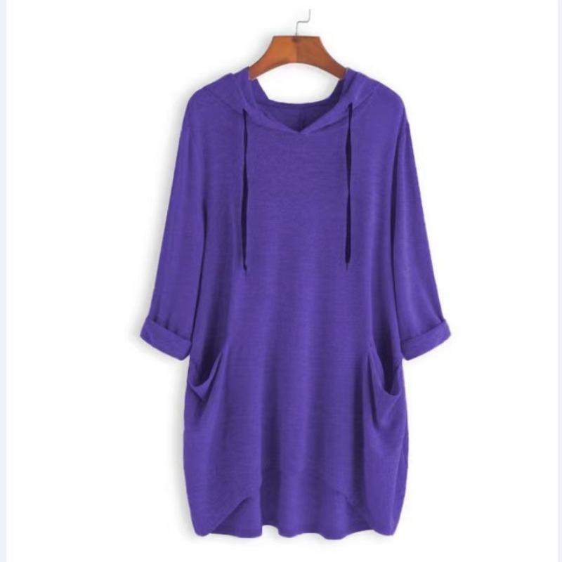 Spring Autumn Women's Hooded Solid Color Loose Long T-shirt Irregular Long Sleeve Pocket Pullover Top