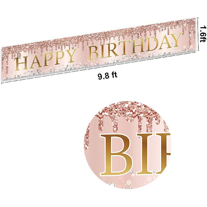 Pink Rose Gold Happy Birthday Banner Decorations,Large Happy Birthday Yard Banner Sign Party Supplies for Women, 16th 21st 30th 40th 50th Birthday