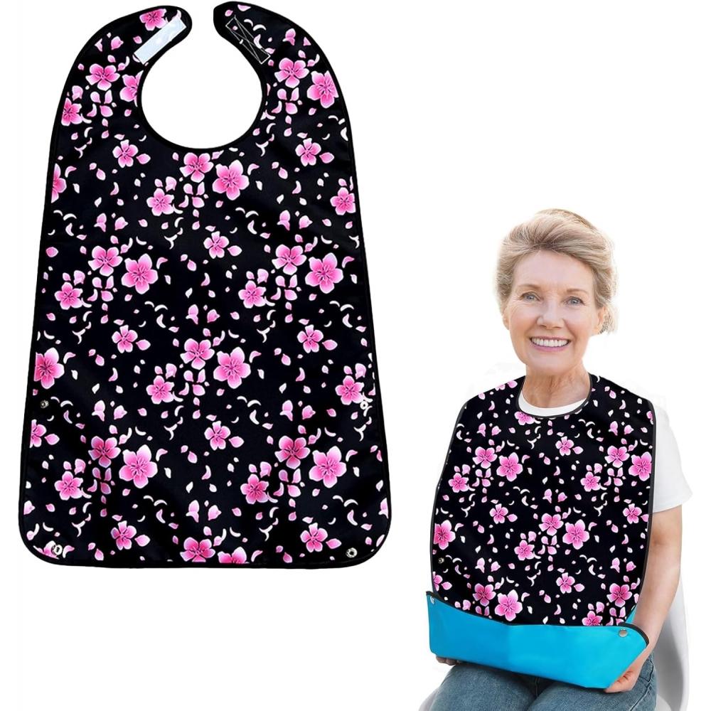 Hiliboom Фартук для кормления водонепроницаемый прочный для взрослых Черный с цветочным принтом