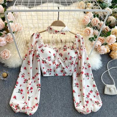 Retro Puff Long Sleeve Lace Up Bareback Blouse  Slim Sexy Ruffle Shirt Women Gothic Streetwear Pleated Fashion Crop Top