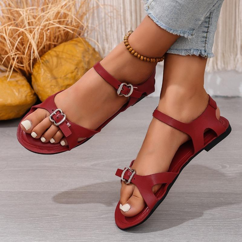 Fashion Minimalist Roman Sandals Women's Summer New Round Toe Metal Buckle Versatile Soft Sole Non-slip Strap Plus Size Flats