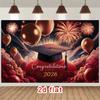 2D Class of 2026 Celebration Backdrop, 2D Flat Grad Cap & Fireworks Background for Graduation Decoration