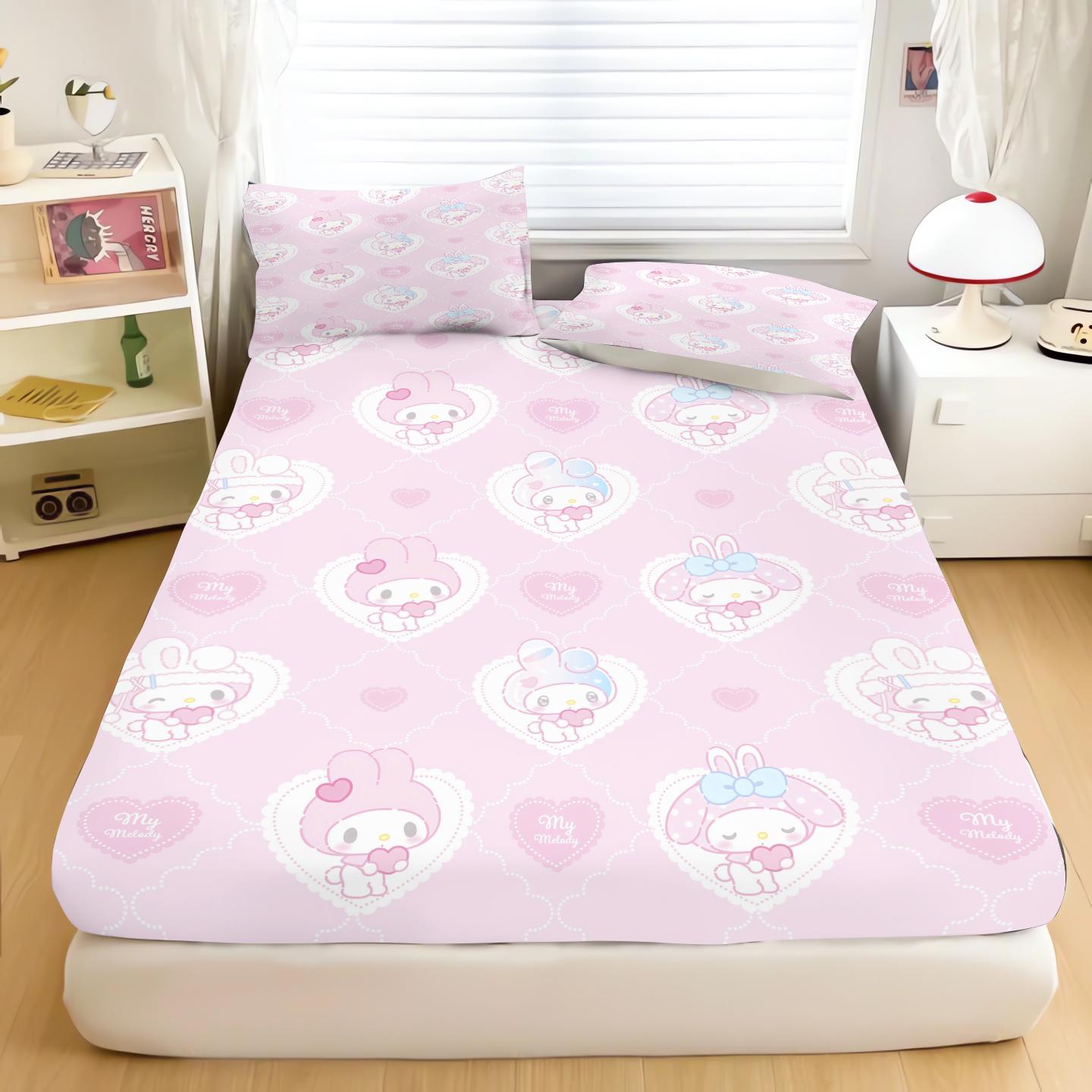 

My Melody Cartoon Fitted Sheet For Children Sanrio Soft Elastic Cover Cute Printing Custom Made Bedding Cover 90x190cmx25cm