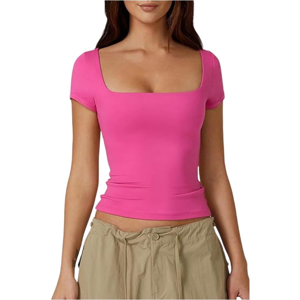 Women's Summer Square Neck Sexy Slim Fit Short Sleeve T-Shirt