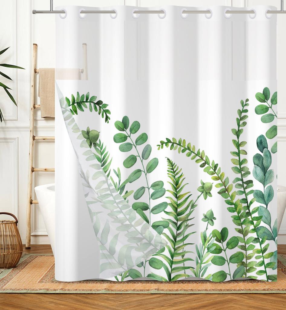 Hookless Double Layer Shower Curtain Waterproof Removable Lined Leaves Plants Flower Modern Bathroom Decorative Shower Curtains