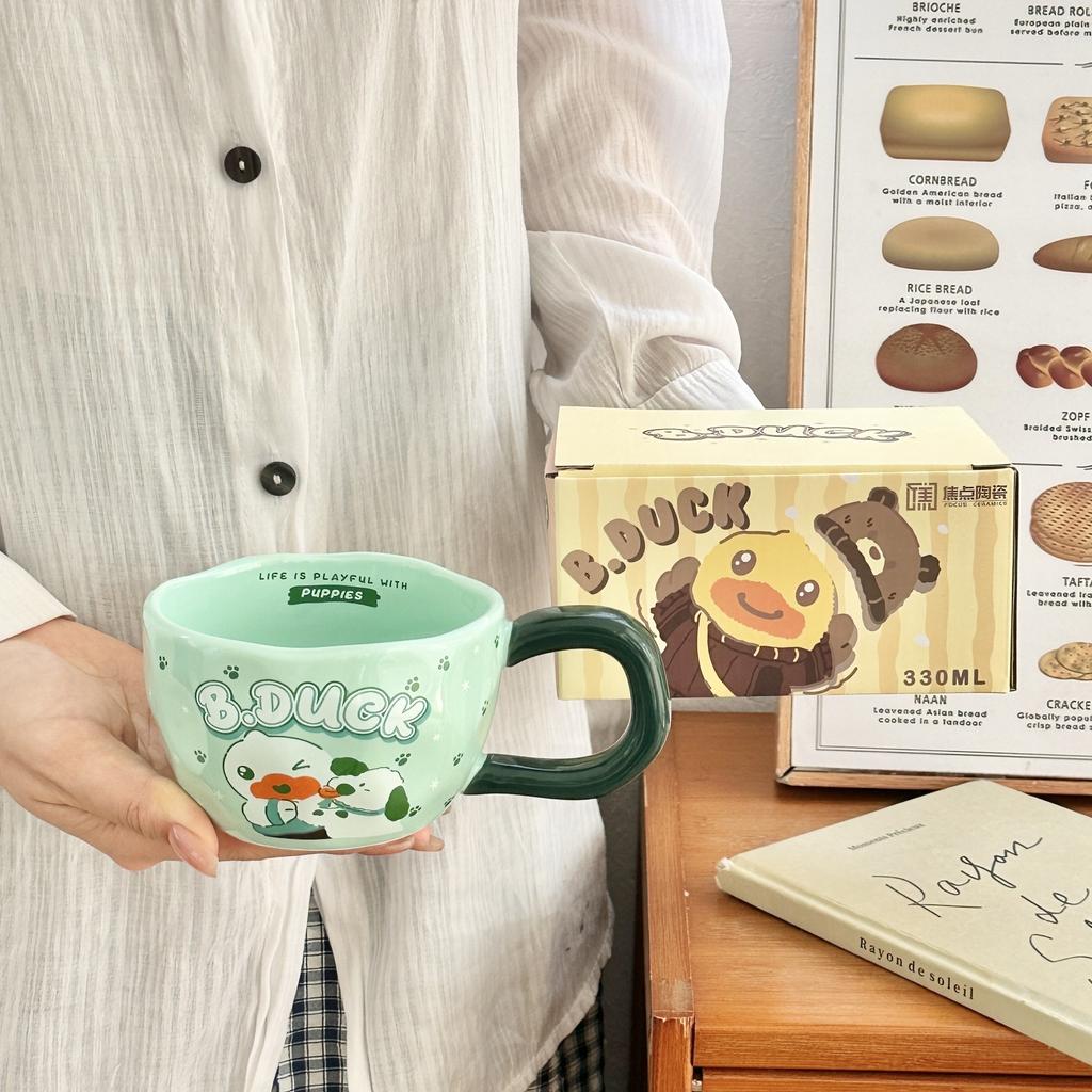 Kleine Gelbe Ente Niedliche Keramiktasse Kinder Trinkwasserbecher mit Löffel Paar Kaffeetasse Frühstückstasse Praktisches Geburtstagsgeschenk