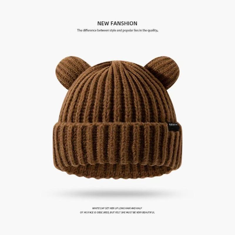 Sweet and cute bear wool hat women's versatile patch letter winter warm and cold ear protection wool hat